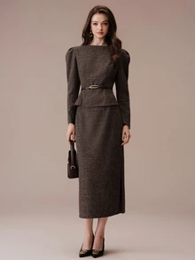 BELROSIE Elegant Comfortable French Vintage Commuter Chic Sophisticated Design Versatile Women's Long Sleeve Top And Skirt 2 Pieces Set - Multicolor - View 3