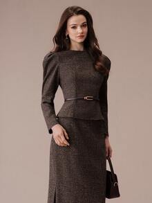 BELROSIE Elegant Comfortable French Vintage Commuter Chic Sophisticated Design Versatile Women's Long Sleeve Top And Skirt 2 Pieces Set - Multicolor - View 6