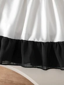 SHEIN 女童編織拼色泡泡袖圓領黑白拼色蝴蝶結洋裝 - 黑與白 - 查看 6