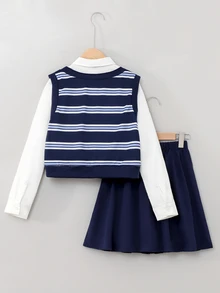 SHEIN Elladie kids 青少年女孩襯衫套裝，海軍藍，寬鬆版型，80年代風，領子，圓領，印花，拉鍊，秋季，可愛校園校外穿搭，白色淺藍色 - 灰色 - 查看 3