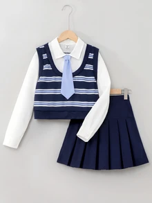 SHEIN Elladie kids 青少年女孩襯衫套裝，海軍藍，寬鬆版型，80年代風，領子，圓領，印花，拉鍊，秋季，可愛校園校外穿搭，白色淺藍色 - 灰色 - 查看 6