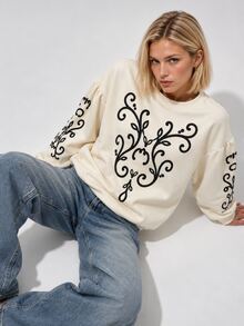 Zerodot Women Cream Graphic Printed Pullover Sweatshirt Casual Daily Fall Winter Pre Fall - Apricot - View 6