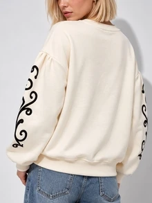 Zerodot Women Cream Graphic Printed Pullover Sweatshirt Casual Daily Fall Winter Pre Fall - Apricot - View 4