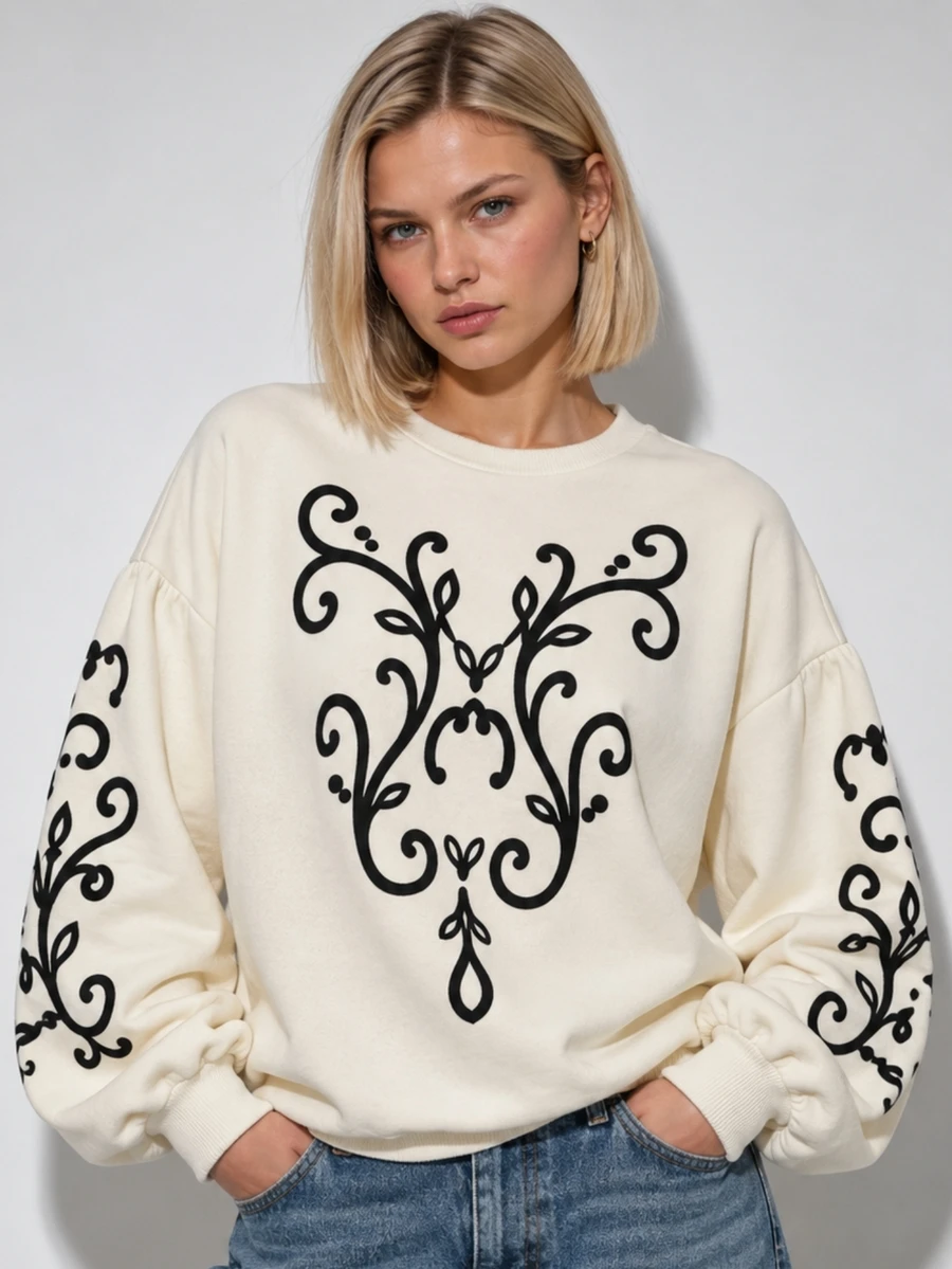 Zerodot Women Cream Graphic Printed Pullover Sweatshirt Casual Daily Fall Winter Pre Fall - Apricot - View 1