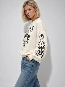 Zerodot Women Cream Graphic Printed Pullover Sweatshirt Casual Daily Fall Winter Pre Fall - Apricot - View 3
