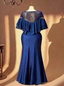 Rometta Plus Size Women's Elegant Romantic Navy Blue Mesh 3D Peony Flower Double Layer Chiffon Short Sleeve Mermaid Dress, Versatile For Daily Wear And Multiple Occasions - Navy Blue - View 2