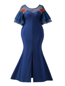 Rometta Plus Size Women's Elegant Romantic Navy Blue Mesh 3D Peony Flower Double Layer Chiffon Short Sleeve Mermaid Dress, Versatile For Daily Wear And Multiple Occasions - Navy Blue - View 8