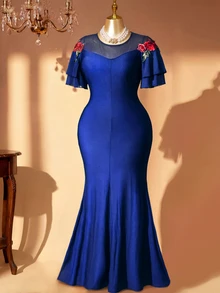 Rometta Plus Size Women's Elegant Romantic Navy Blue Mesh 3D Peony Flower Double Layer Chiffon Short Sleeve Mermaid Dress, Versatile For Daily Wear And Multiple Occasions - Navy Blue - View 5