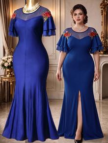 Rometta Plus Size Women's Elegant Romantic Navy Blue Mesh 3D Peony Flower Double Layer Chiffon Short Sleeve Mermaid Dress, Versatile For Daily Wear And Multiple Occasions - Navy Blue - View 4