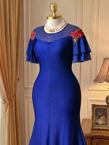 Rometta Plus Size Women's Elegant Romantic Navy Blue Mesh 3D Peony Flower Double Layer Chiffon Short Sleeve Mermaid Dress, Versatile For Daily Wear And Multiple Occasions - Navy Blue - View 6