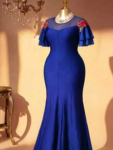 Rometta Plus Size Women's Elegant Romantic Navy Blue Mesh 3D Peony Flower Double Layer Chiffon Short Sleeve Mermaid Dress, Versatile For Daily Wear And Multiple Occasions - Navy Blue - View 3