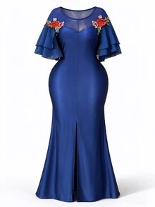Rometta Plus Size Women's Elegant Romantic Navy Blue Mesh 3D Peony Flower Double Layer Chiffon Short Sleeve Mermaid Dress, Versatile For Daily Wear And Multiple Occasions - Navy Blue - View 9
