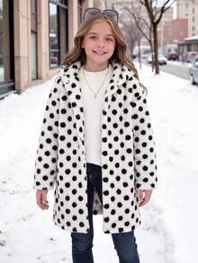 Tween Girl Cool Girl Cute Student School Heart Jacquard Fleece Collar Button-Up Mid-Length Autumn/Winter Jacket Coat White Polka Dot - White - View 1