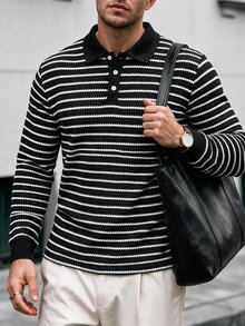 Manfinity CasualCool 男士黑白條紋 Polo 衫，復古幾何提花休閒上衣 / 男士休閒通勤長袖 Polo 衫，度假秋季款 - 黑與白 - 查看 3