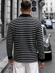 Manfinity CasualCool 男士黑白條紋 Polo 衫，復古幾何提花休閒上衣 / 男士休閒通勤長袖 Polo 衫，度假秋季款 - 黑與白 - 查看 2