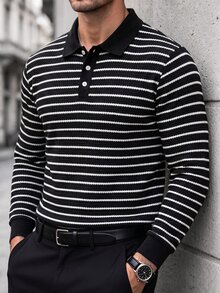 Manfinity CasualCool 男士黑白條紋 Polo 衫，復古幾何提花休閒上衣 / 男士休閒通勤長袖 Polo 衫，度假秋季款 - 黑與白 - 查看 6