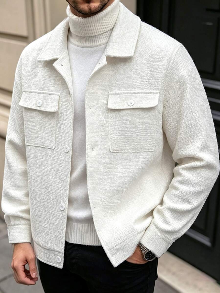 Manfinity Homme Men's Off-White Luxury Loose Fit Double Patch Pocket Solid Color Casual Streetwear Commute Overcoat Vacation Club Autumn Old Money Christmas - Beige - View 1