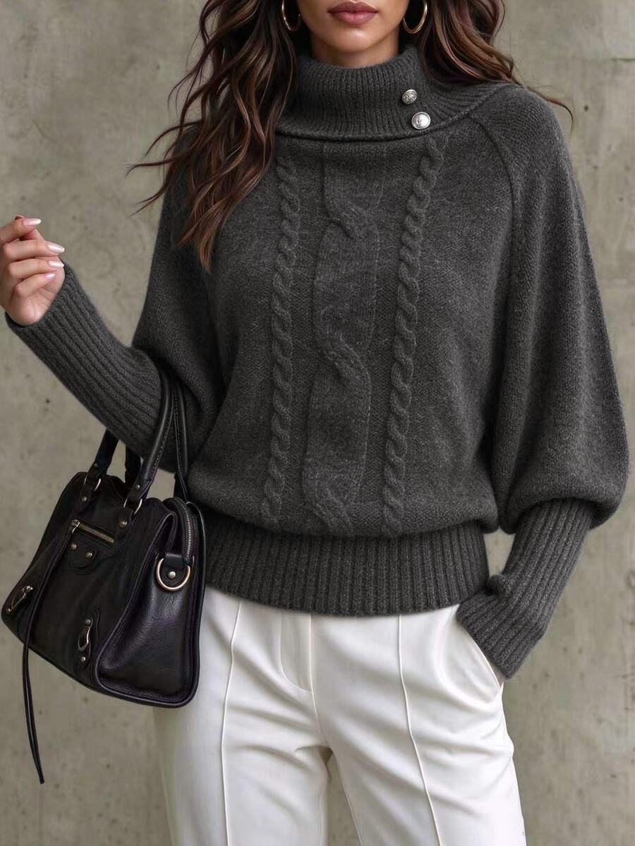 SHEIN LUNE Women's High Neck Metal Button Decor Raglan Cable Cable Texture Lantern Sleeve Patchwork Ribbed Hem Short Waist Sweater, Autumn/Winter - Grey - View 1