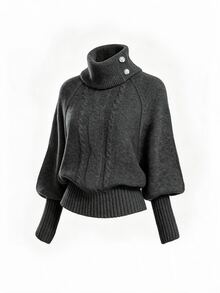 SHEIN LUNE Women's High Neck Metal Button Decor Raglan Cable Cable Texture Lantern Sleeve Patchwork Ribbed Hem Short Waist Sweater, Autumn/Winter - Grey - View 4