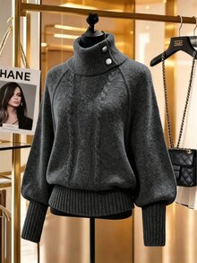 SHEIN LUNE Women's High Neck Metal Button Decor Raglan Cable Cable Texture Lantern Sleeve Patchwork Ribbed Hem Short Waist Sweater, Autumn/Winter - Grey - View 7