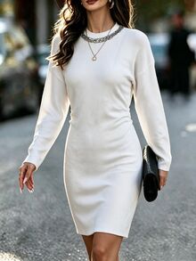 SHEIN New Heavy Beaded Sequin Party Gathering Date Business Commute Minimalist Dress - White - View 3