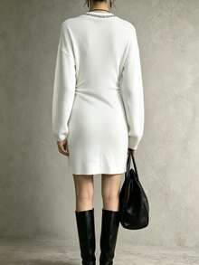 SHEIN New Heavy Beaded Sequin Party Gathering Date Business Commute Minimalist Dress - White - View 2