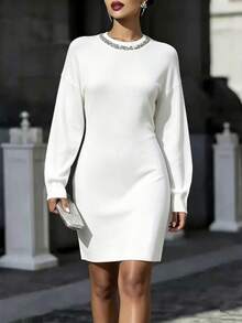 SHEIN New Heavy Beaded Sequin Party Gathering Date Business Commute Minimalist Dress - White - View 8