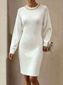SHEIN New Heavy Beaded Sequin Party Gathering Date Business Commute Minimalist Dress - White - View 5