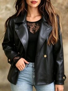 GlowEve CURVE Plus Size Women's Fashion Versatile Commute Daily PU Leather Jacket, Suitable For Autumn/Winter - Black - View 7