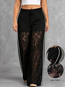 Velvienne Plus Size Women's Waist Tie Semi-Sheer Lace Patchwork Side White Stripe Long Pants - Black and White - View 3