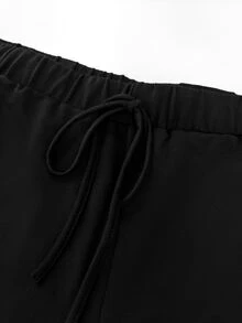 Velvienne Plus Size Women's Waist Tie Semi-Sheer Lace Patchwork Side White Stripe Long Pants - Black and White - View 7