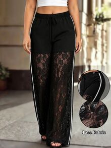 Velvienne Plus Size Women's Waist Tie Semi-Sheer Lace Patchwork Side White Stripe Long Pants - Black and White - View 1