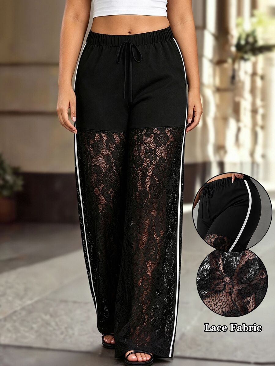 Velvienne Plus Size Women's Waist Tie Semi-Sheer Lace Patchwork Side White Stripe Long Pants - Black and White - View 1