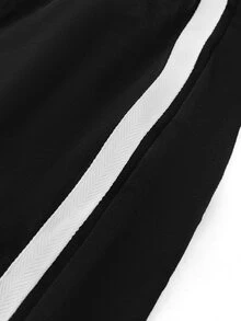 Velvienne Plus Size Women's Waist Tie Semi-Sheer Lace Patchwork Side White Stripe Long Pants - Black and White - View 8