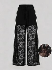 Velvienne Plus Size Women's Waist Tie Semi-Sheer Lace Patchwork Side White Stripe Long Pants - Black and White - View 5