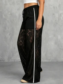 Velvienne Plus Size Women's Waist Tie Semi-Sheer Lace Patchwork Side White Stripe Long Pants - Black and White - View 4
