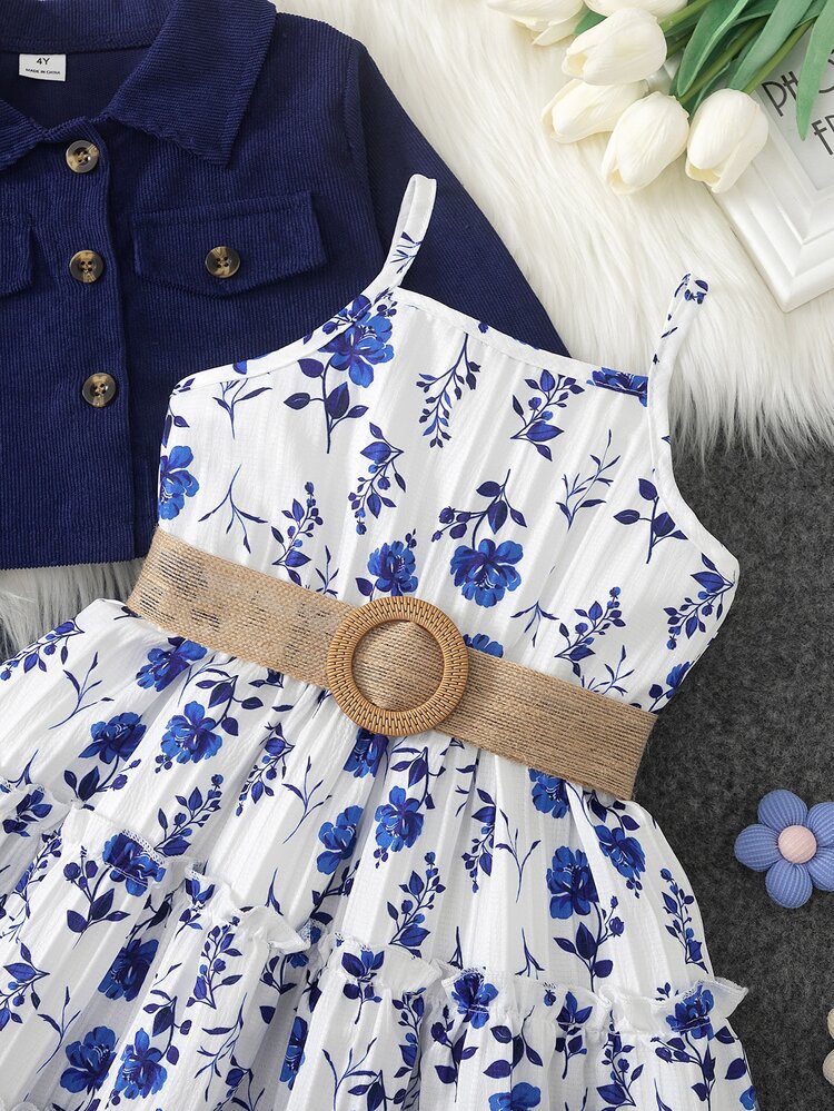 SHEIN Toddler Girls 2pcs Woven Lapel Collar Long Sleeve Botanical Button Ruffle Short Regular Fit Jacket Set Fall/Winter Royal Blue - Royal Blue - View 5