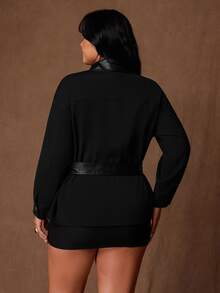 Rustia Plus-Size Solid Color Long-Sleeved Casual Street Style Coat With PU Collar And Fitted Waist, Black Coat For Autumn And Winter Outings. - Black - View 2