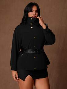 Rustia Plus-Size Solid Color Long-Sleeved Casual Street Style Coat With PU Collar And Fitted Waist, Black Coat For Autumn And Winter Outings. - Black - View 6