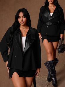 Rustia Plus-Size Solid Color Long-Sleeved Casual Street Style Coat With PU Collar And Fitted Waist, Black Coat For Autumn And Winter Outings. - Black - View 1