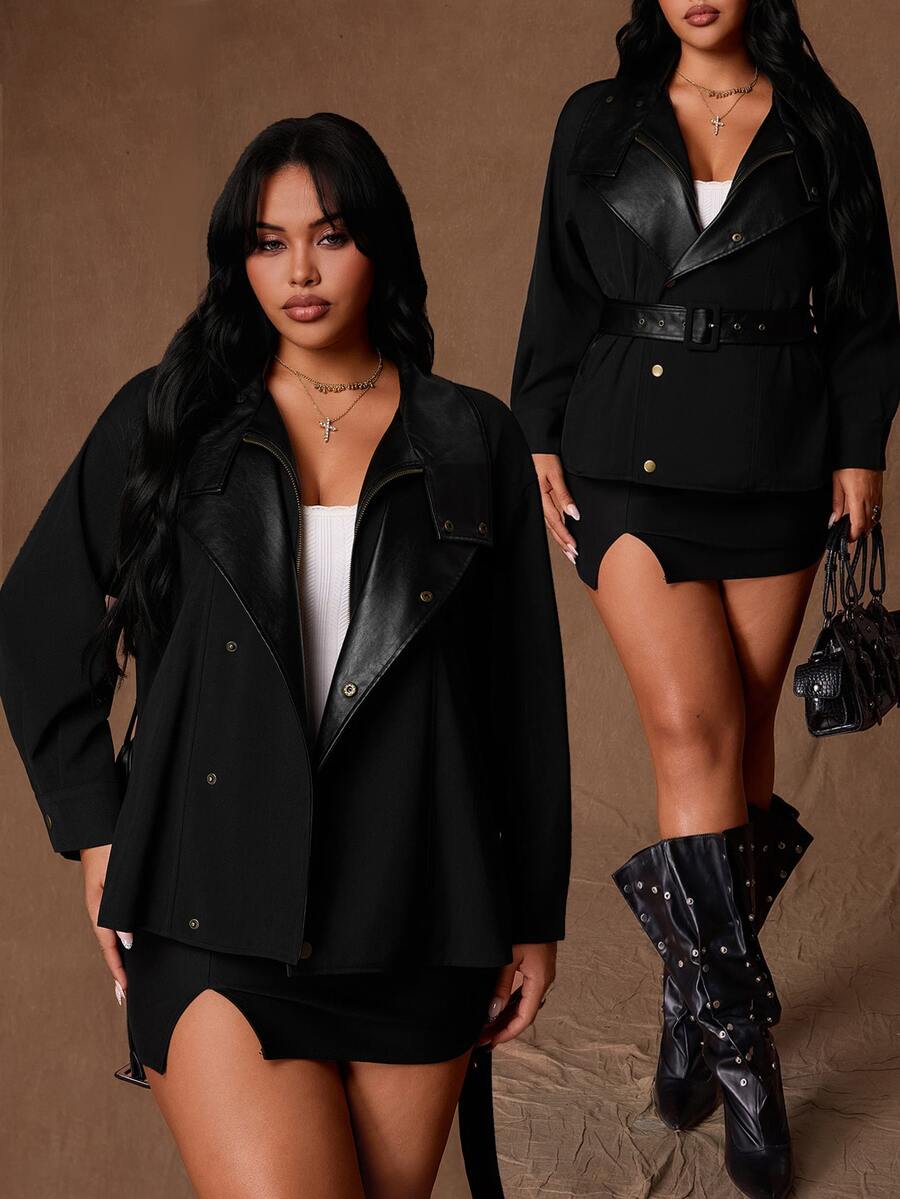Rustia Plus-Size Solid Color Long-Sleeved Casual Street Style Coat With PU Collar And Fitted Waist, Black Coat For Autumn And Winter Outings. - Black - View 1