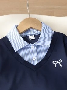 Genkimix Kids 女童條紋領 2 合 1 套裝，海軍藍運動衫與寬腿長褲，蝴蝶結刺繡，學院風春秋冬套裝 - 藏蓝色 - 查看 8