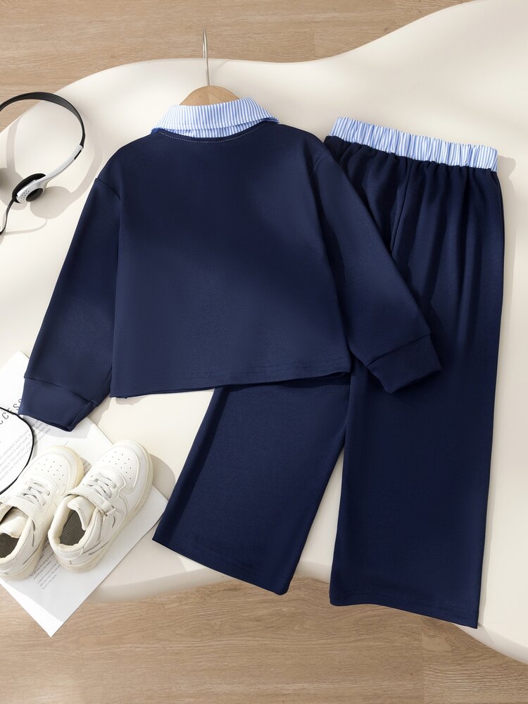 Genkimix Kids Young Girl Striped Collar 2 In 1 Outfit, Navy Sweatshirt & Wide Leg Pants, Bow Embroidery, Preppy Set For Spring Autumn - Navy Blue - View 2