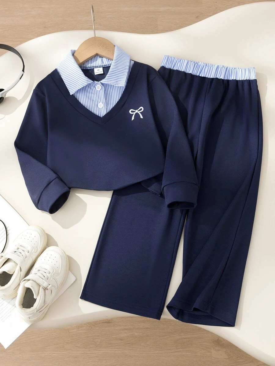 Genkimix Kids Young Girl Striped Collar 2 In 1 Outfit, Navy Sweatshirt & Wide Leg Pants, Bow Embroidery, Preppy Set For Spring Autumn - Navy Blue - View 1