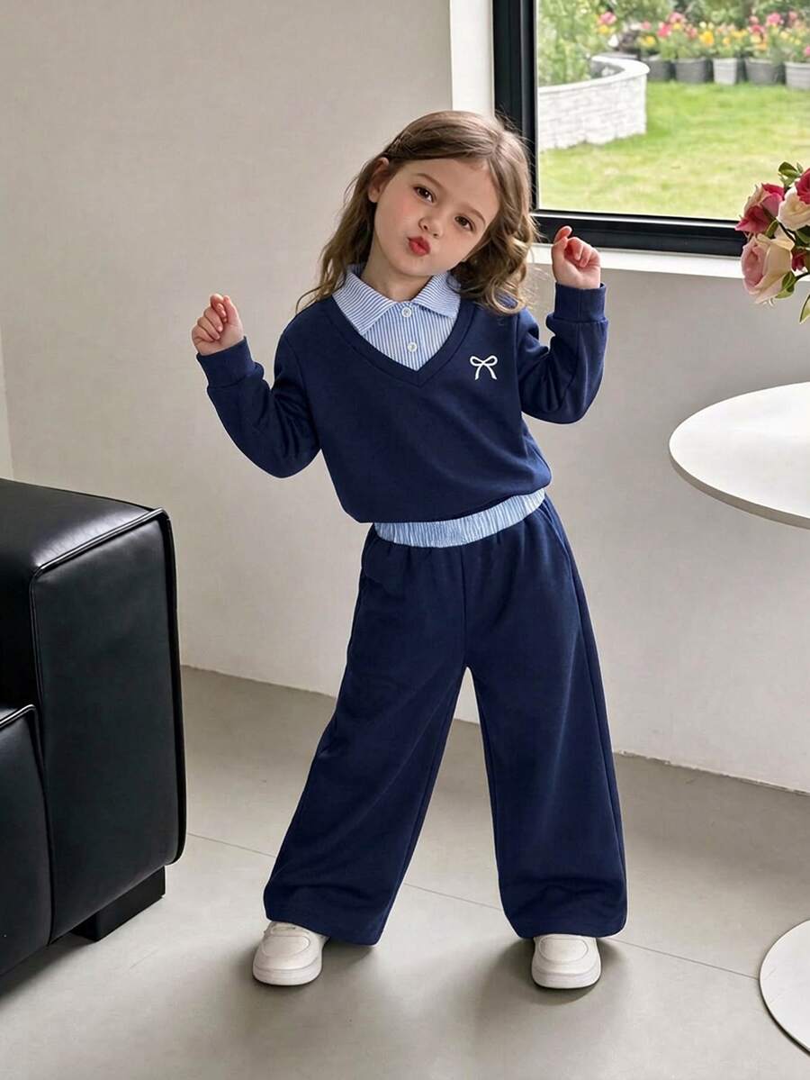 Genkimix Kids 女童條紋領 2 合 1 套裝,海軍藍運動衫與寬腿長褲,蝴蝶結刺繡,學院風春秋冬套裝 - 藏蓝色 - 查看 1