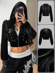 Coolane Women's Fall/Winter Street Avant-Garde Retro Equestrian Style Napoleon Element Button Decor Zipper Closure Hooded Long Sleeve Fitted Black Sweatshirt - Black - View 7