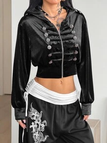 Coolane Women's Fall/Winter Street Avant-Garde Retro Equestrian Style Napoleon Element Button Decor Zipper Closure Hooded Long Sleeve Fitted Black Sweatshirt - Black - View 3