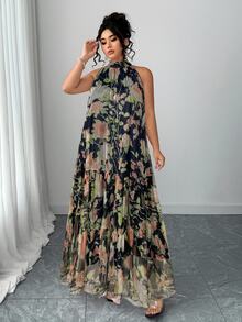 Elenzga 大码女式优雅雪纺无袖花卉网眼连衣裙 - 黑色 - 查看 4