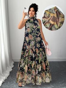 Elenzga 大码女式优雅雪纺无袖花卉网眼连衣裙 - 黑色 - 查看 6