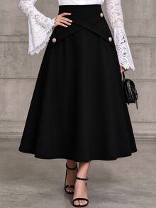 Velvienne Versatile Metal Buckle Decor Plus Size Women's Elegant Skirt - Black - View 1